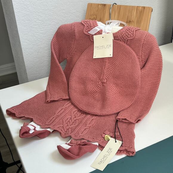 NWT Rachel Zoe Baby Dusty Rose 4 piece Cable Knit Sweater Dress Set 3 - 6 months - Picture 1 of 8